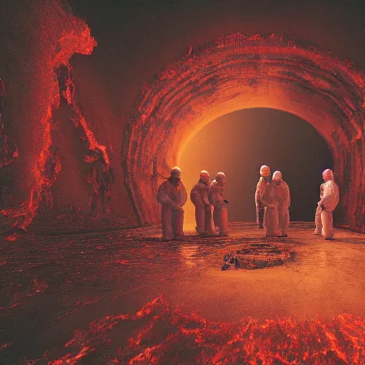 Image similar to wide - shot photo of a group of scientists in hazmat suits, studying a hell open rift portal, by shaun tan, codachrome, hellish, unsettling, otherworldly, blood, machines, 8 k, hd, highly detailed,