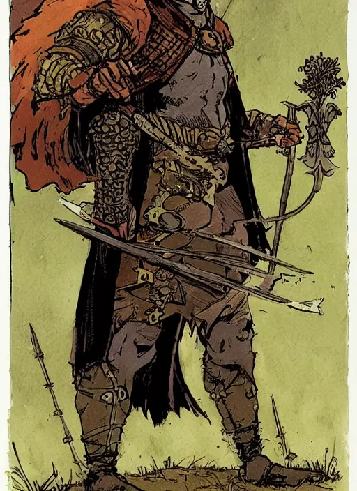 Image similar to character design concept art illustration reference of a medieval warrior. by Mike Mignola and Rebecca Guay.