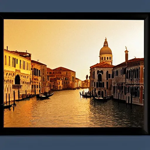 Prompt: A beautiful backlight sunset scene of historic Venice with gondola and reflective water in the style of Johannes Vermeer