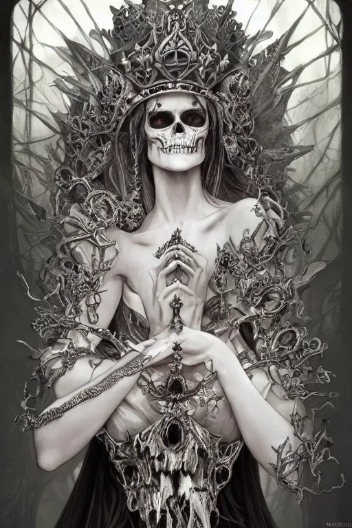 Image similar to skull queen with an origami crown, hints of silver jewelry, gothic, eerie, intricate detail, dramatic lighting, mist, grey, 4k, fantasy, intricate, very very beautiful, elegant, highly detailed, digital painting, artstation, concept art, smooth, sharp focus, illustration, art by artgerm and greg rutkowski and alphonse mucha