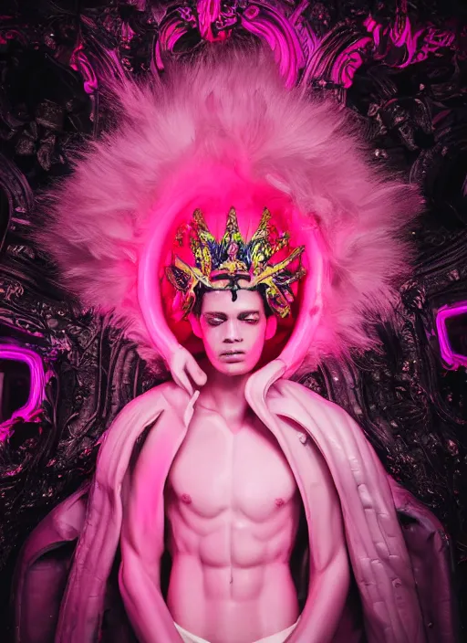 Prompt: photo of baroque and bladerunner delicate neon ruby sculpture of seductive ceramic albino king xavier serrano delicious pink iridescent humanoid deity wearing black fluffy hoody holding diamond skull in a black metallic dungeon, reclining, glowing rainbow face, crown of white diamonds, cinematic lighting, photorealistic, octane render 8 k depth of field 3 d