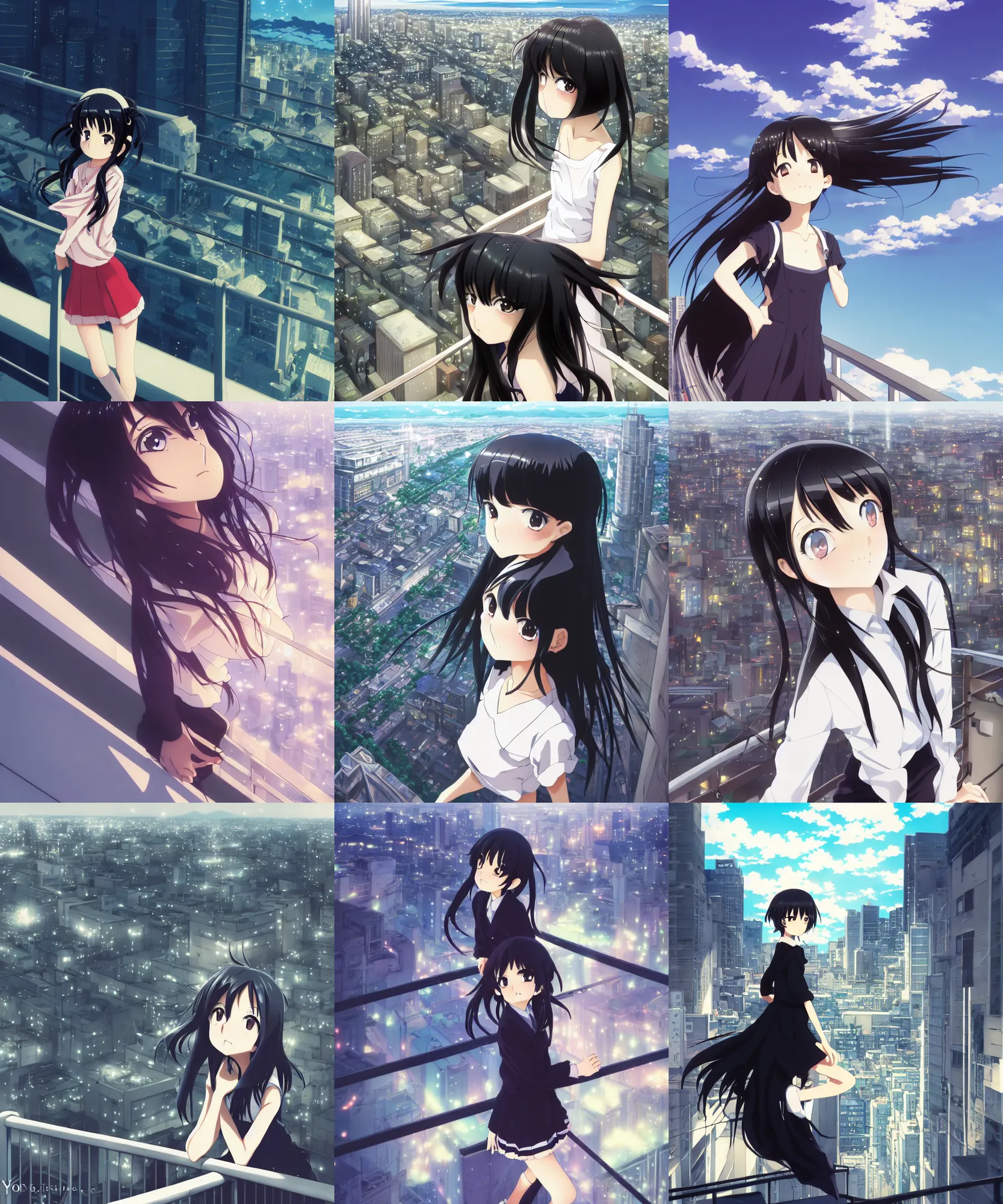 Prompt: anime visual, portrait of a young black haired girl sightseeing above the city, guardrail, cute face by yoh yoshinari, katsura masakazu, dramatic lighting, dynamic pose, dynamic perspective, strong silhouette, ilya kuvshinov, anime cels, 1 8 mm lens, fstop of 8, rounded eyes, moody, detailed facial features