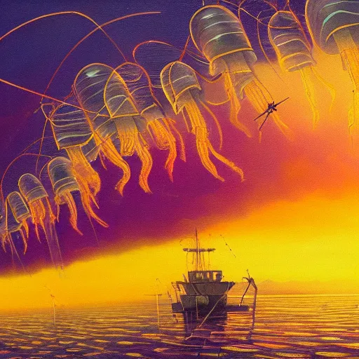 Image similar to a beautiful painting of a group of jellyfish fly in sunset by Angus Mckie, Trending on artstation