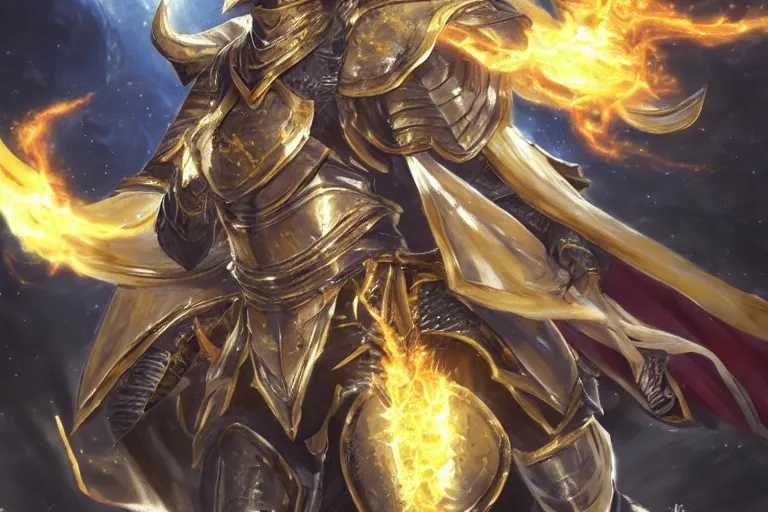 Image similar to an ultra detailed portrait of saladin as a shonen anime protagonist charging into battle wearing bright gold armor and huge flaming longsword blessed by god, epic anime fantasy, 8 k, volumetric lighting, smooth, highly detailed, digital illustration, art by kentaro miura and akira toriyama and albert bierstadt and greg rutkowsi, artstation