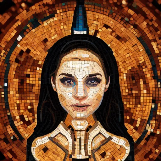 Image similar to portrait mosaic of a beautiful cute girl with robot ears and eyes by joe biden, 4k, intricate details, digital, between heaven and hell