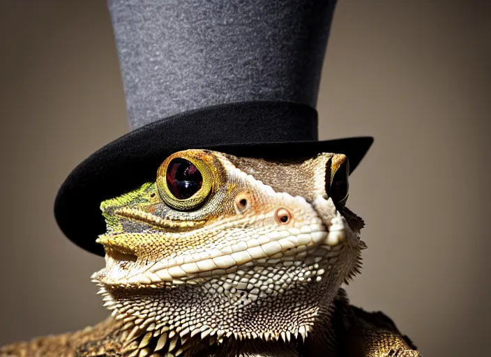 Image similar to dslr portrait still of a bearded dragon wearing a tophat, 8 k 8 5 mm f 1. 4