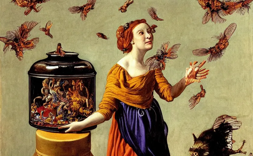 Prompt: a painting of pandora opening her jar, releasing monsters and critters that impersonate sickness and death, misery, she is fully dressed, in the style of realism and a masterpiece by artemisia gentileschi, critters flying around, the jar is clearly visible