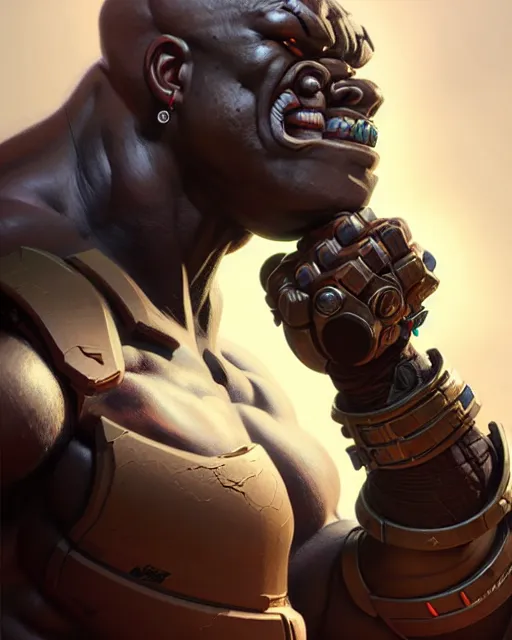 Prompt: doomfist from overwatch, character portrait, concept art, intricate details, highly detailed by greg rutkowski, michael whelan and gustave dore