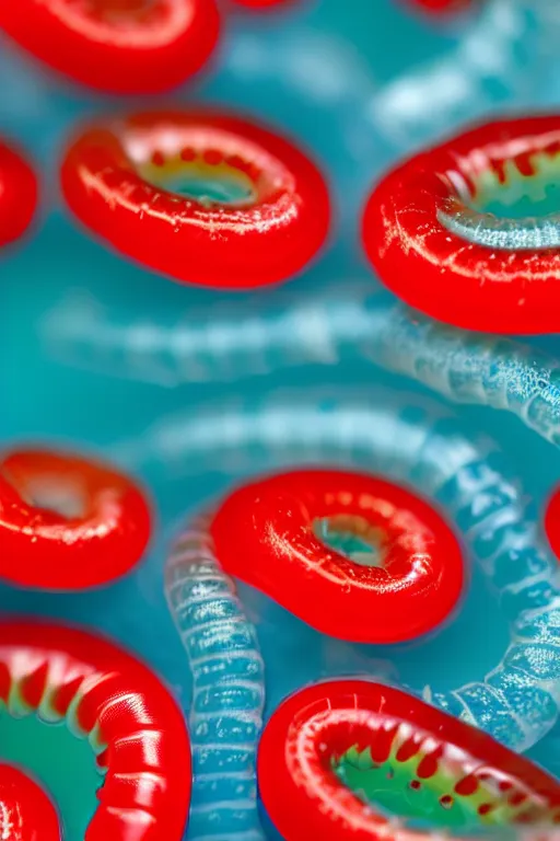 Prompt: high quality close-up photo translucent gelatinous worms! gorgeous red dots highly detailed hannah yata elson peter cinematic turquoise lighting high quality low angle hd 8k sharp shallow depth of field