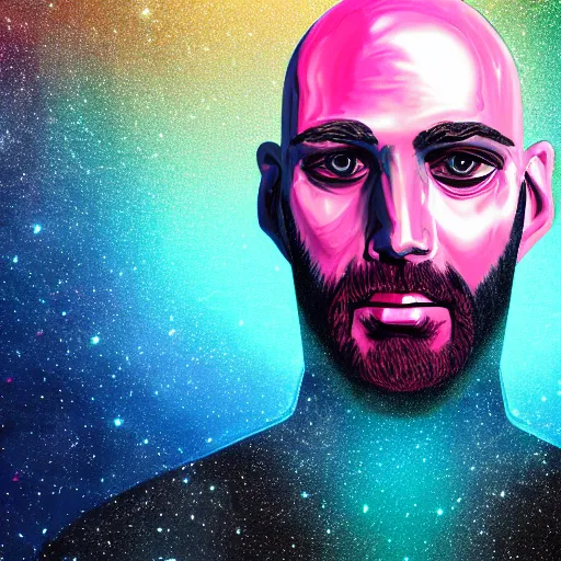 Image similar to portrait of a bald man, synthwave, universe background, nebula, galaxy, artstation