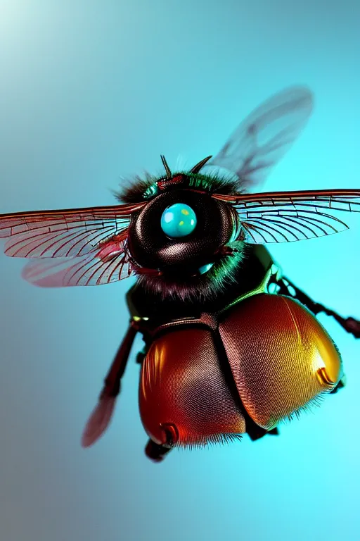 Prompt: high quality macro robot metallic tachinid fly! gorgeous highly detailed hannah yata elson peter cinematic turquoise lighting high quality low angle hd 8k sharp shallow depth of field