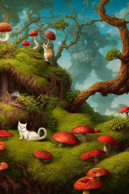 Image similar to a beautiful digital illustration painting of a detailed fantasy cats and roots, mushroom, flowers by benoit b. mandelbrot, steven belledin, martin johnson heade, lee madgwick, caspar david friedrich, and david rios ferreira. 8 k resolution trending on artstation concept art digital illustration