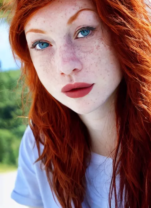 Image similar to close up portrait photograph of a anesthetic beautiful!!! thin young redhead woman with russian descent, sunbathed skin, with deep blue round!! Symmetrical!! eyes. Wavy long maroon colored hair. she looks directly at the camera. Slightly open mouth, face takes up half of the photo. a park visible in the background. 55mm nikon. Intricate. Very detailed 8k texture. Sharp. Cinematic post-processing. Award winning portrait photography. Sharp eyes.