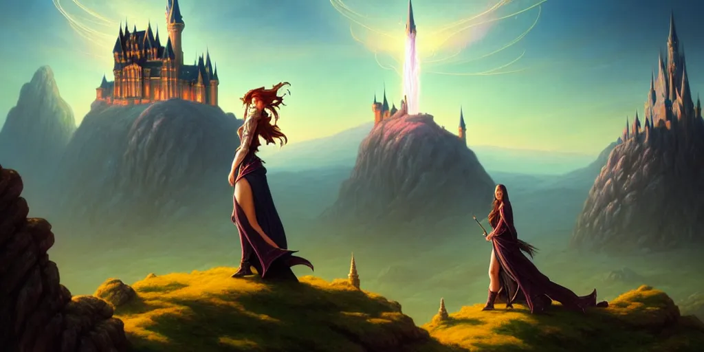 Image similar to a photo of a fantasy female wizard surrounded by magical particles stands on a hill. in the background on another hill stands a castle with mountains in the background, filled with magic, highly detailed, digital painting, artstation, smooth, sharp focus, illustration, art by artgerm and greg rutkowski and alphonse mucha