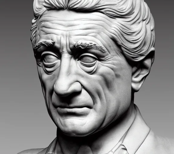 Image similar to a hyper-detailed marble status of Robert DeNiro by Michelangelo; anatomically correct; proud posture; trending on artstation; f/1.4; 90mm