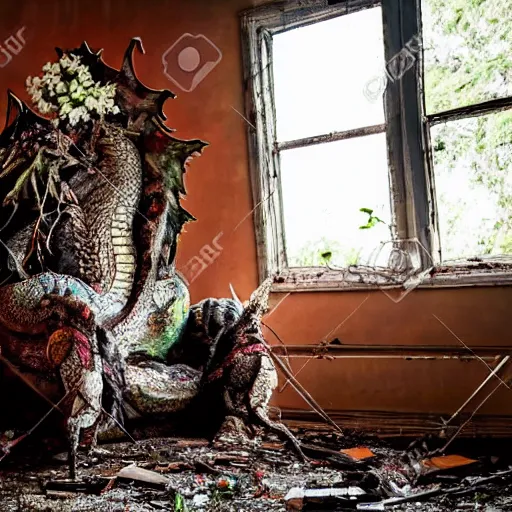 Prompt: big depressed dragon sitting on the chair in the abandoned house with a lot of flowers s- 1839300351