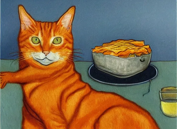 Prompt: detailed realistic realism painting of orange tabby cat eating lasagna at dusk, in the style of vincent van gogh and salvador dali and leonardo da vinci