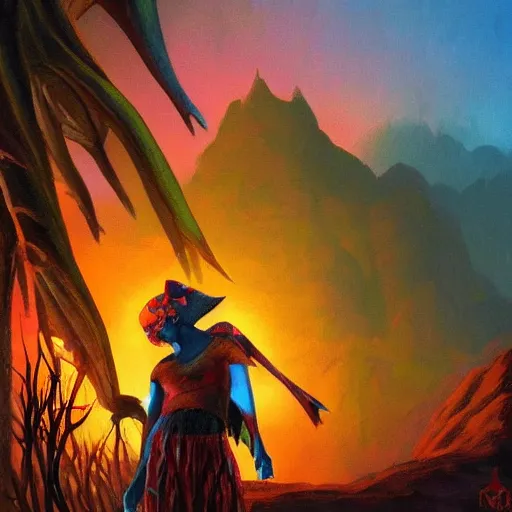 Prompt: Bright, colorful, realistic art from The Art of Morrowind art book backlighting, kodachrome, high contrast, highly detailed, sharp focus, digital painting, concept art, illustration, trending on artstation, comic book by Alex Ross cover art