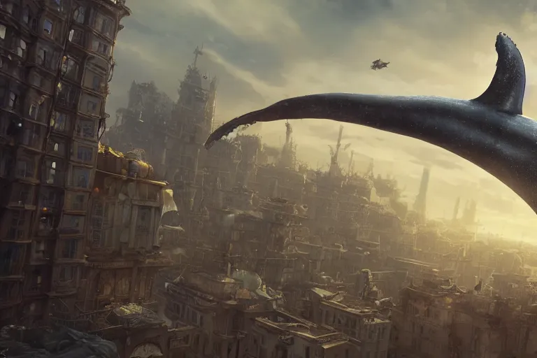 Image similar to alien whale flying over a steampunk city, 3d scene, render, ultra realistic, zenith view, Greg Rutkowski, artstation, cgsociety, level design, unreal engine alien whale flying over a steampunk city, 3d scene, render, ultra realistic, zenith view, Enki Bilal style