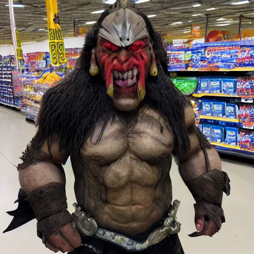 Image similar to orc warrior shopping at walmart