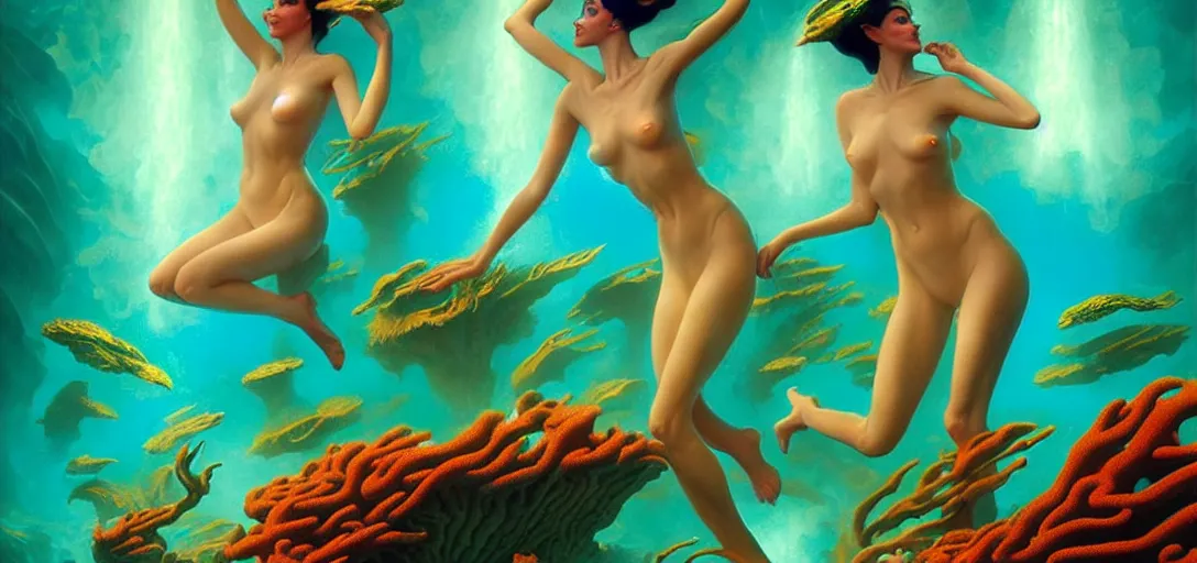 Image similar to beautiful alien women bathing in luminous water in the style of roger dean and alberto vargas and stefan kostic, realistic, photoreal, sharp focus, 8 k high definition, insanely detailed, intricate, elegant, art by greg rutkowski and artgerm, extreme blur coral reef background