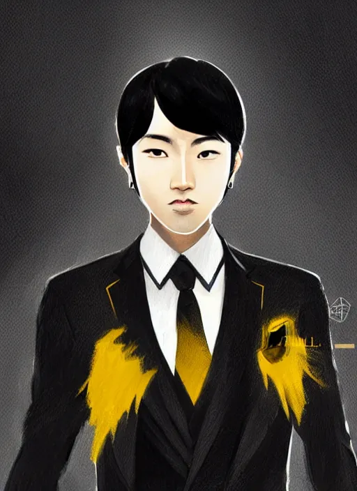 Image similar to a highly detailed illustration of young attractive black haired asian boy wearing black suit and tie with coattails, yellow eyes, dramatic elegant pose, strings background, intricate, elegant, highly detailed, centered, digital painting, artstation, concept art, smooth, sharp focus, league of legends concept art, wlop.