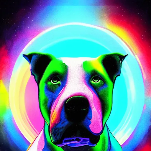 Image similar to psychedelic pit bull magic, at gentle dawn neon light, highly detailed, artistic composition, sharp focus, intricate concept art, digital painting, colorful flat surreal design, hd, 8 k, artstation, ambient lighting