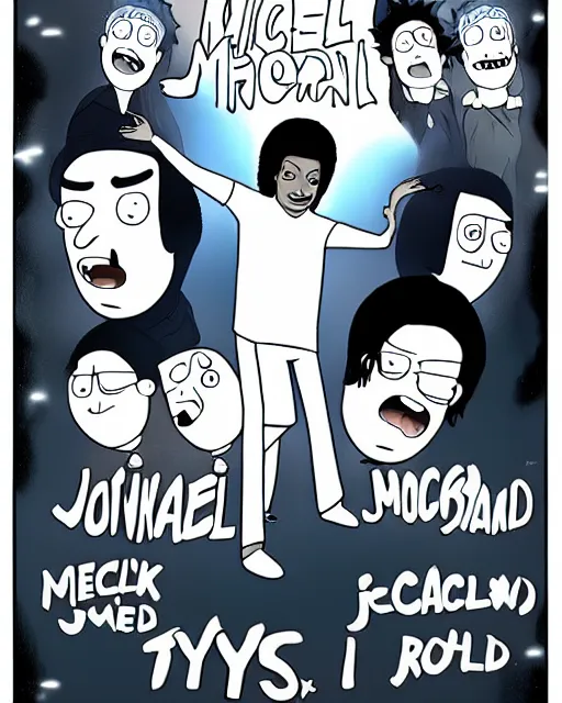 Image similar to michael jackson in the style of justin roiland. cinematic lighting. style of rick & morty. photographic, photography. by justin roiland