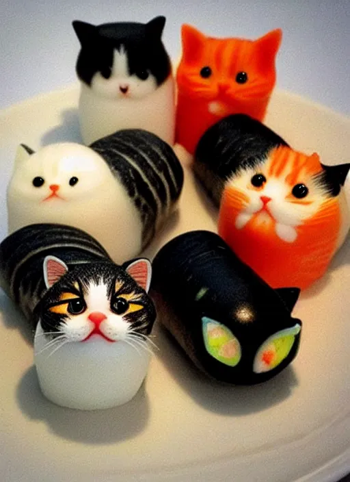 Image similar to clear photorealistic picture of adorable cats made out of sushi