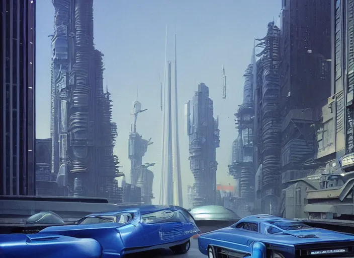 Prompt: a blue car driving down a street next to tall buildings, cyberpunk art by Chesley Bonestell, cgsociety, retrofuturism, matte painting, reimagined by industrial light and magic