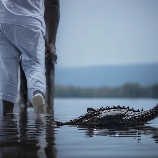 Prompt: man with clocks as eyes walking near lake with crocodiles, high detail, soft lighting, intricate, 8 k