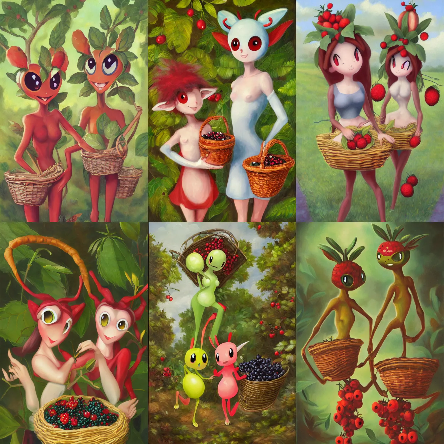 Prompt: oil painting of a pair of anthropomorphic leavanny bug-type pokemon girls with red eyes and leaves on their arms holding a basket of berries