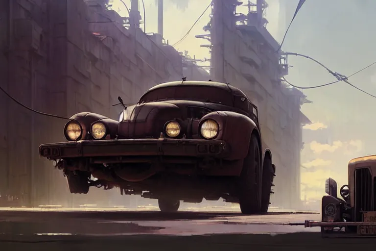 Image similar to dieselpunk, car, painted by greg rutkowski makoto shinkai takashi takeuchi studio ghibli, akihiko yoshida