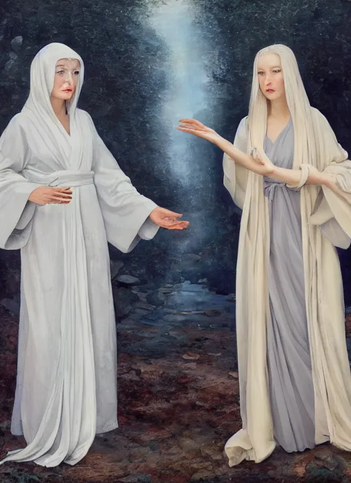 Image similar to thin angel with silver hair so pale and wan!, wearing robes, covered in robes, lone pale wan feminine goddess, wearing silver robes, flowing hair, pale skin, young cute face, covered!!, clothed! oil on canvas, style of lucien levy - dhurmer and jean deville, 4 k resolution, aesthetic!, mystery