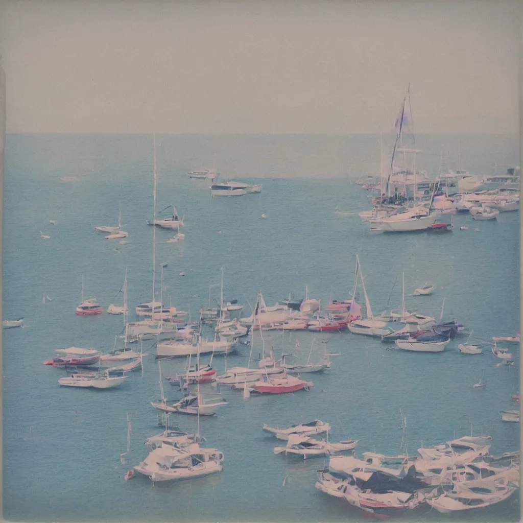 Image similar to a pastel colour high fidelity wide angle polaroid art photo from a holiday album at a seaside with sail boats, nostalgic