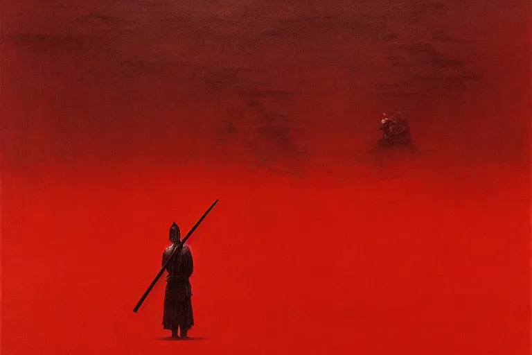 Image similar to only with red, a red samurai harakiri, tokio, a lot of frogs watch, in the style of beksinski, parts by edward hopper, parts by rodcenko, parts by yue minjun, intricate and epic composition, red by caravaggio, insanely quality, highly detailed, masterpiece, red light, artstation, 4 k