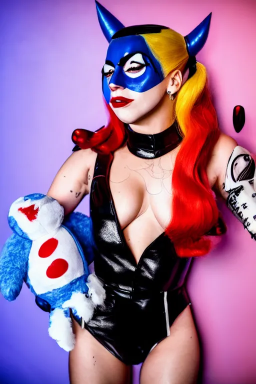 Prompt: lady gaga in harley quinn costume attacked by stuffed toy, luxury materials, symmetrical, cinematic, elegant, professional studio light, real dlsr photography, sharp focus, 4 k, ultra hd, sense of awe, high fashion