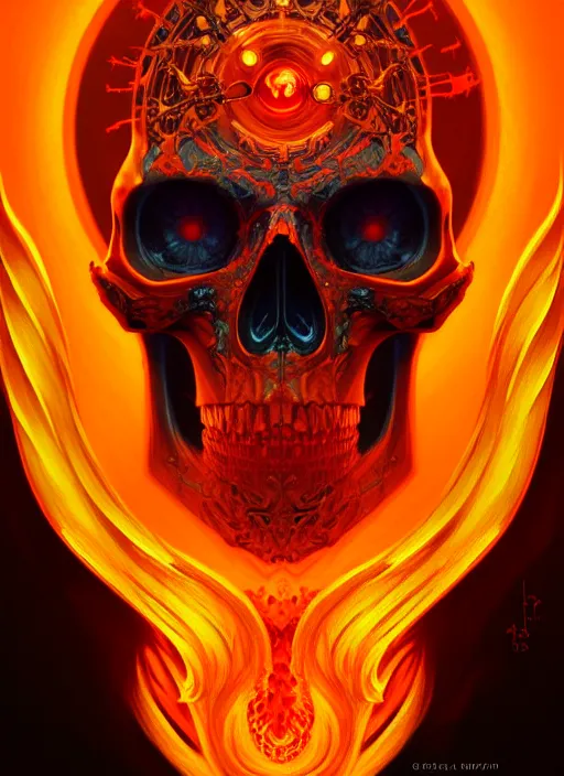 Prompt: symmetry!! portrait of skull with flaming eyes, high fantasy, intricate, elegant, highly detailed, digital painting, artstation, concept art, smooth, sharp focus, illustration, art by artgerm and greg rutkowski and alphonse mucha, 8 k