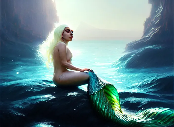 Image similar to lady gaga as a mermaid, intricate, sharp focus, lens flare, bloom, illustration, highly detailed, digital painting, concept art, matte, art by ruan jia and wlop and greg rutkowski