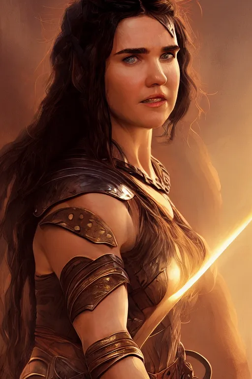 Image similar to portrait of Young Jennifer Connelly as Xena warrior princess , face portrait, raphael lacoste, eddie mendoza, alex ross, concept art, matte painting, highly detailed, rule of thirds, dynamic lighting, cinematic, detailed, denoised, centred