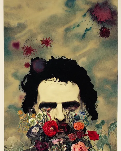 Prompt: a beautiful but sinister man in layers of fear, with haunted eyes and wild hair, 1 9 7 0 s, seventies, floral wallpaper, wilted flowers, a little blood, morning light showing injuries, delicate embellishments, painterly, offset printing technique, by brom, robert henri, walter popp