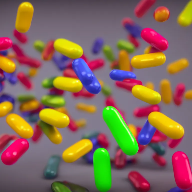 Prompt: 3D perspective of multicolored medical pills being thrown at you, epic scale ultrawide angle, 3D rendered, Vray rendered, octane render, unreal engine