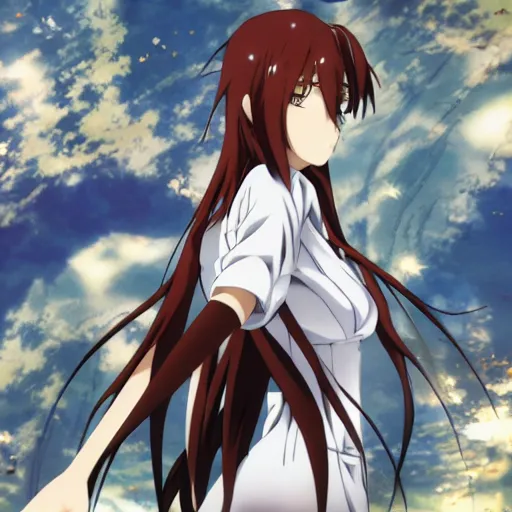 Image similar to Anime key visual of Kurisu from Steins;Gate, abstract clockwork background ,official media