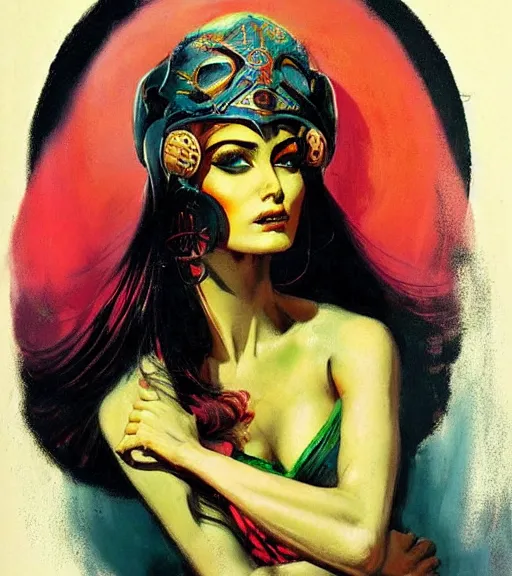 Prompt: portrait of junoesque iranian female chaos angel, beautiful! coherent! by frank frazetta, by brom, strong line, vivid neon color, shining metal power armor, iron helm, high contrast, maximalist