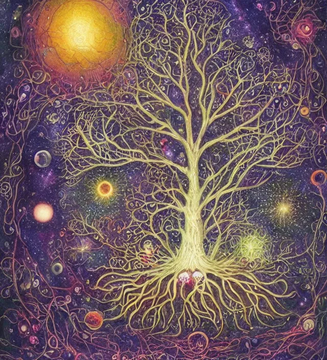 Image similar to the cosmic tree of life absorbs all galactical and masonic energy fields by daniel merriam, deep and rich colours,