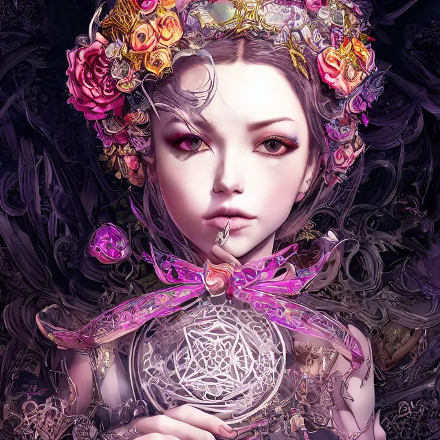 Prompt: the portrait of chaotic evil female necromancer mastermind as absurdly beautiful, gorgeous, elegant, cute young idol, an ultrafine hyperdetailed illustration by kim jung gi, irakli nadar, intricate linework, bright colors, octopath traveler, final fantasy, unreal engine 5 highly rendered, global illumination, radiant light, detailed and intricate environment