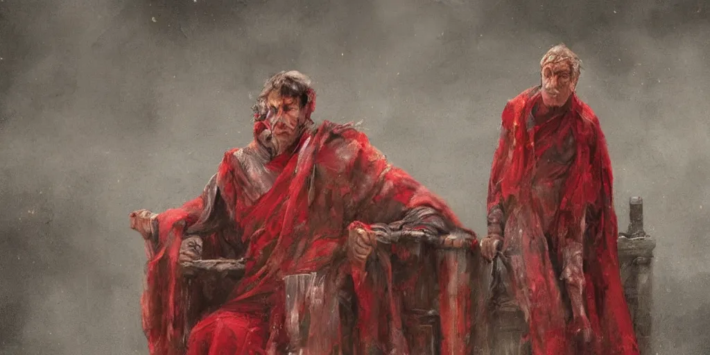 Image similar to the end is near. a tired julius caesar is sitting on his throne. face is highly detailed. splices of red are running down his toga. mist. color scheme red. low angle medium shot. imagined by jeremy lipking