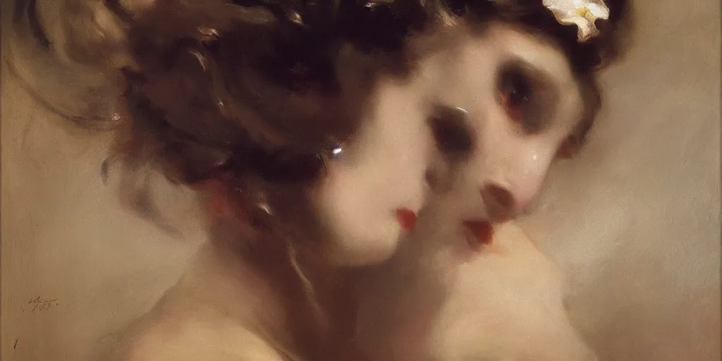 Image similar to Close-up portrait of a femme fatale, by John Singer Sargent, Albert Bierstadt, Ernst Haeckel, James Jean, emotional, cinematic atmospheric, moody atmosphere, oil on canvas, artstation