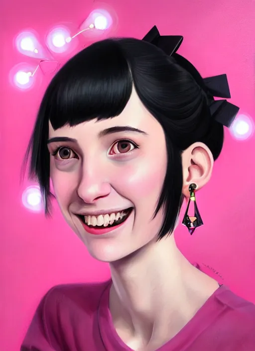 Image similar to portrait of high school girl, realistic, black hair, bangs, half updo hairstyle, pointy nose, skinny, smile, ugly, defined jawline, big chin, pink hair bow, earrings, intricate, elegant, glowing lights, highly detailed, digital painting, artstation, sharp focus, illustration, art by wlop, mars ravelo and greg rutkowski