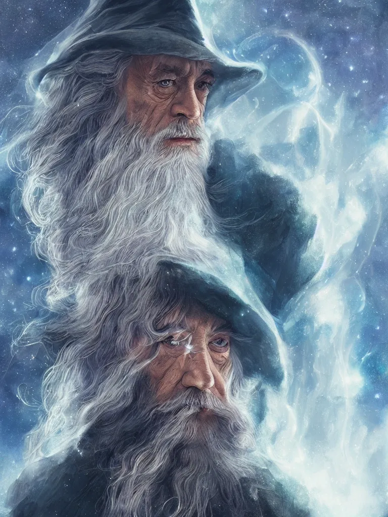 Prompt: Double Exposure Portrait of a Gandalf in space, dark fantasy, intricate, elegant, highly detailed, vivid color hues, digital painting, artstation, concept art, smooth, sharp focus, illustration, art by Sam Youn, Fernanda Suarez, Artem Demura